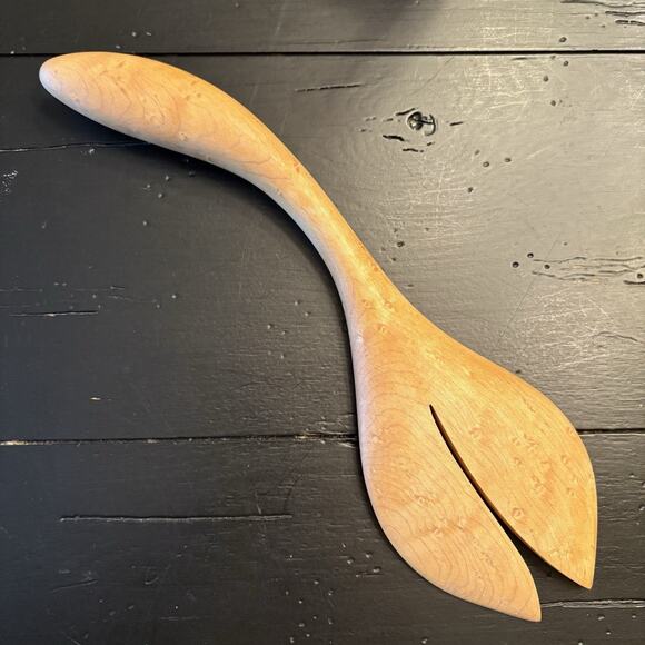 Maine Birdseye Maple Hand Carved Salad Serving Fork & Spoon 11" - Picture 4 of 8